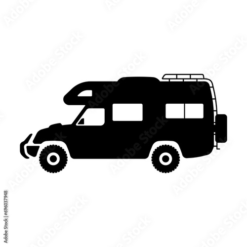 Motorhome icon. Off-road camper. Black silhouette. Side view. Vector simple flat graphic illustration. Isolated object on a white background. Isolate.