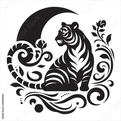 Tiger Silhouette: Dynamic Predator Prowling in Bold Black Graphic - Minimallest tiger black vector Silhouette
