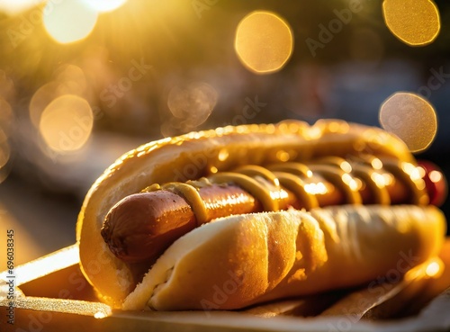 American hot dog, eating at a street food truck in New York City. Closeup photography of the isolated hot dog on a table. photo