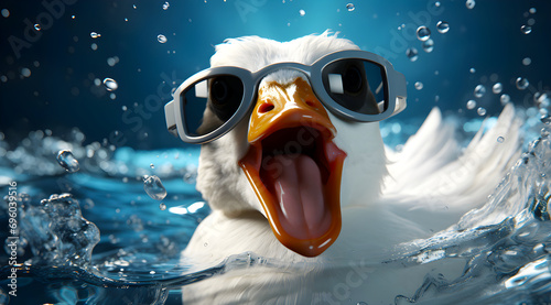 white duck with black sunglasses is splashing in clear blue water, looking at the camera with an open beak, as water droplets fly around photo