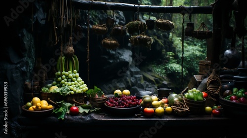 A vibrant image of fresh fruits and vegetables on a wooden table, Emphasizes organic and healthy food, featuring items like peppers, grapes, and tomatoes