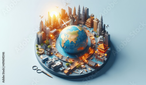 the world in the city, small world, featuring iconic buildings from around the globe, transportation means, and a globe in the center
