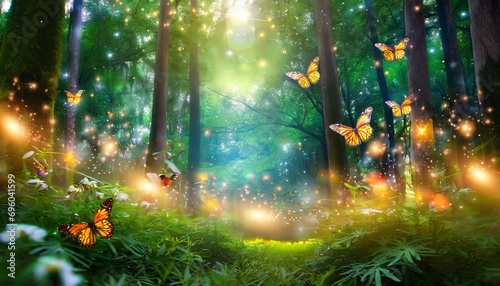 wide panoramic of fantasy forest with glowing butterflies in forest © Diann