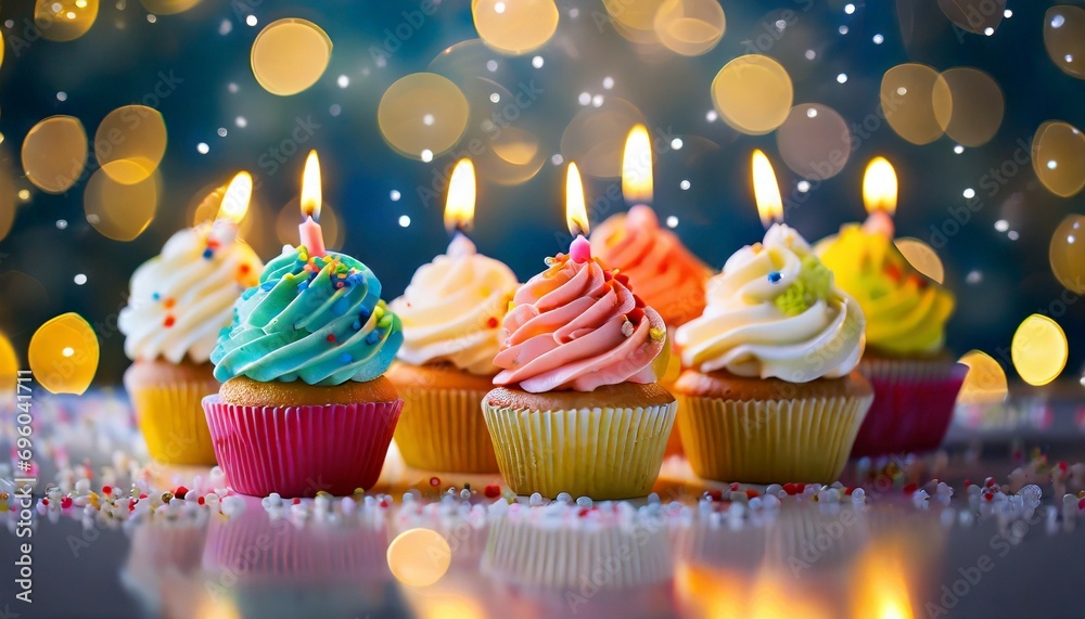 row of colorful cupcake with candles and bokeh lights