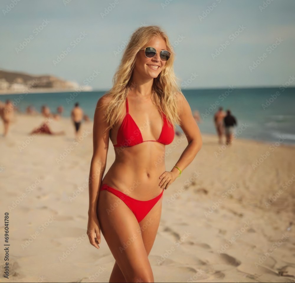 young blonde woman with sunglasses walking on the beach: young blonde woman with sunglasses walking on the beach: