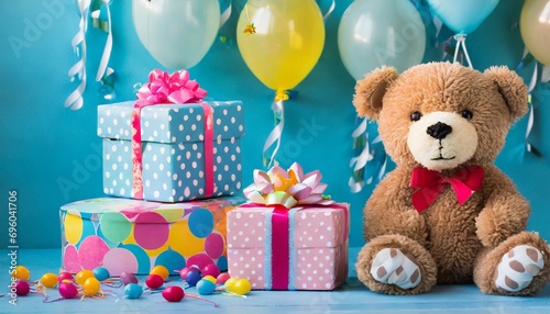 baby birthday theme with teddy bear and gift box on a blue background