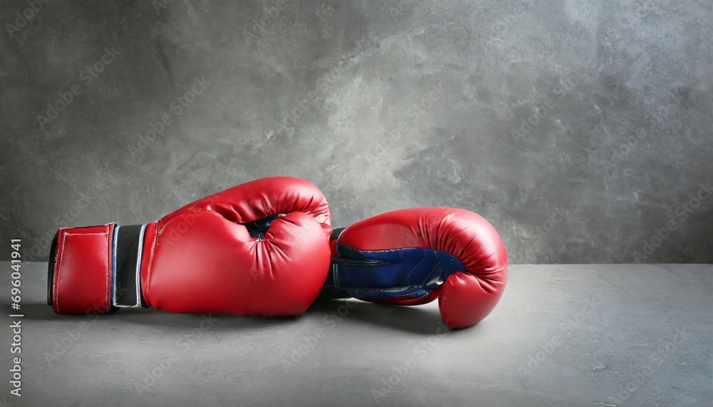 pair of boxing gloves on grey background space for text