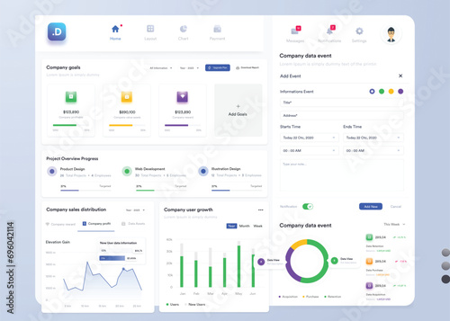 UI UX Infographic dashboard. UI design with graphs, charts and diagrams. Web interface template