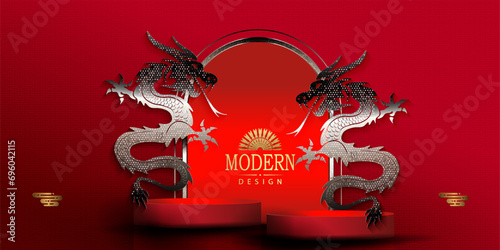 Chinese New Year, design with metal dragons, frame and podium.