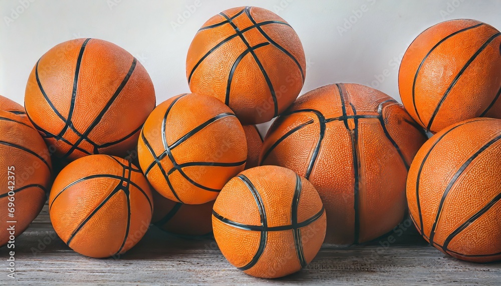 many orange basketball balls on white background