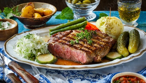 bbq beef steak with pickled veggies cucumber cabbage beeroot marinated pepper dinner party