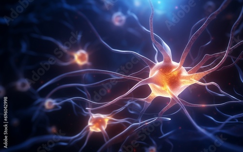 Neuron cells with light pulses trying to communicate with each other.