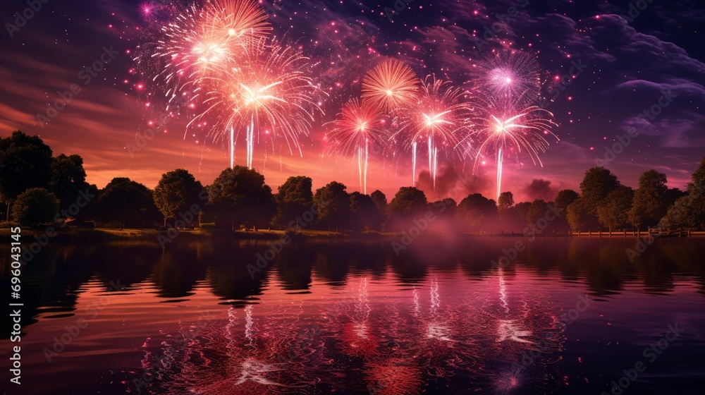 rand finale of a fireworks show reflected in the calm waters of a river, creating a stunning visual display