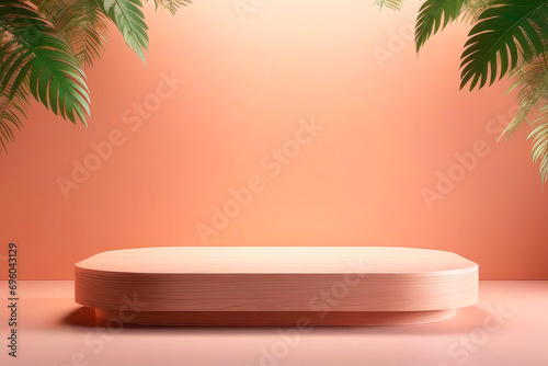 Minimalist design in velvety peach tones  empty wood podium for product advertisement with leafs in background. Trending color concept of the year 2024 Peach Fuzz.