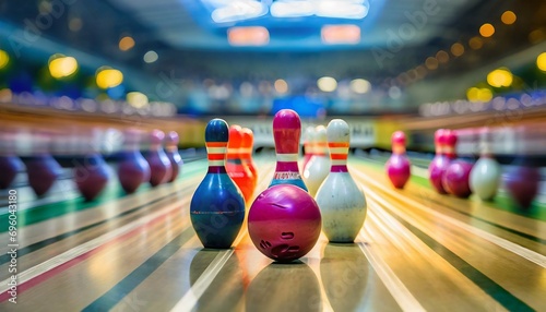 motion blur of bowling ball skittles on the playing field photo