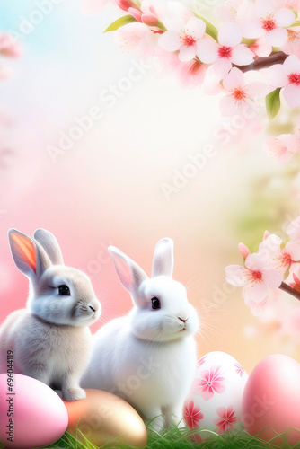 Easter holiday concept. Happy easter greeting card with bunnys, colourful eggs and cherry blossoms.
