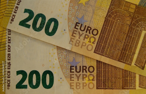 Large denomination euro banknote. 200 euros close-up.
