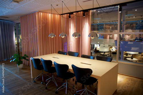 COPENHAGEN, DENMARK - NOV 24, 2018: Meeting table in an airport lounge in Scandinavian design