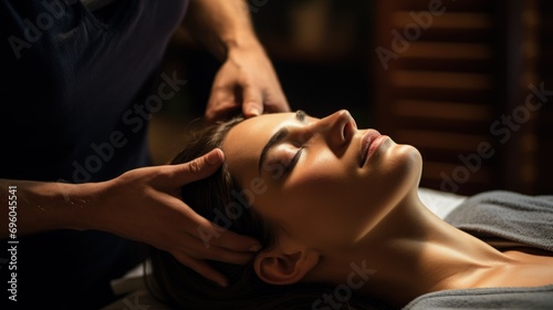 Relaxing Head Massage at a Tranquil Spa. Woman receiving a calming head massage in a softly lit spa environment. photo