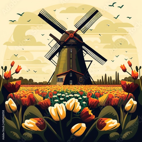 Illustration of a traditional Dutch windmill in a field of flowers computer graphics old retro field poppy
Tulip Generative AI  photo