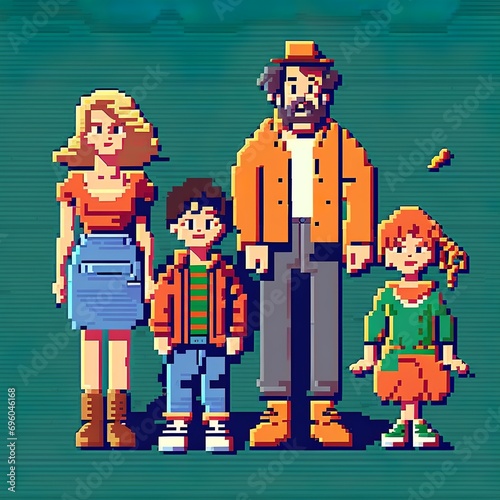 Pixel art vector-style image of family old commodore 64 compuet games parents and children virtual reality mother father little girl and boy Generative AI 