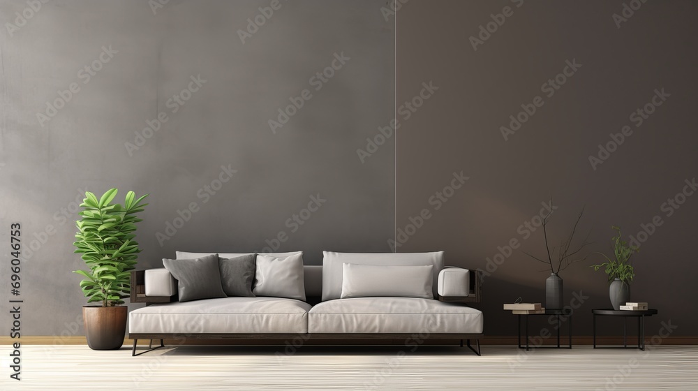 Copy space can be found on a gray sofa in a brown living room Copy space can be found on a gray sofa in a brown living room