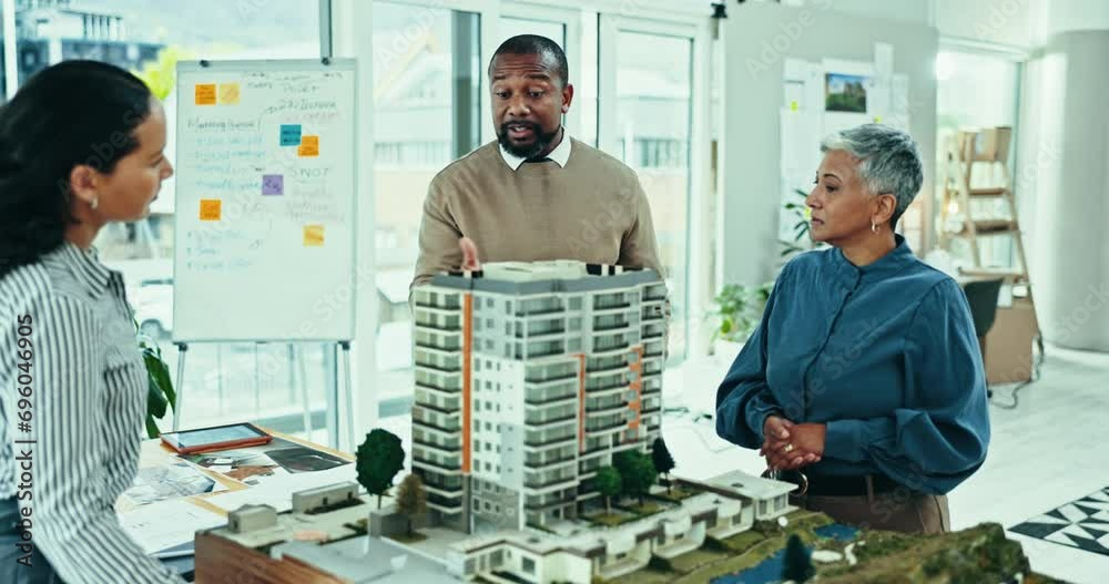 Business people, 3d model and architecture in office for design planning, development or project teamwork. Group engineering, manager or designer in collaboration with city building and prototype