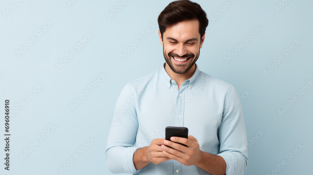 Young man smiling and holding his smartphone on a colored background