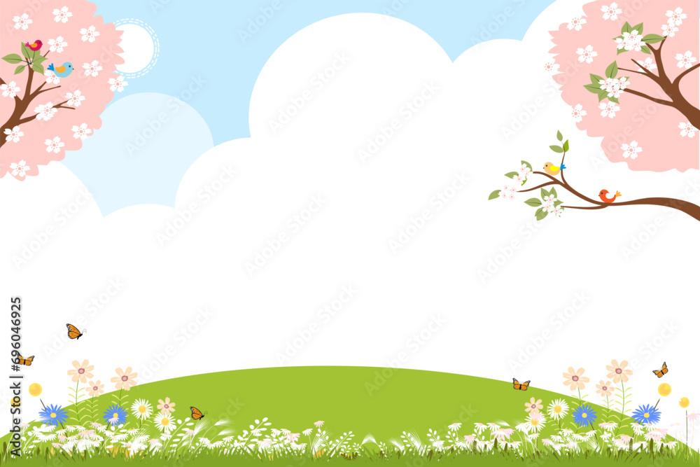 Spring landscape with cherry flower,tree on White cloud,blue sky background Vector illustration cartoon garden with green grass meadow on hills in park,Cute Easter banner of Nature with flower blossom
