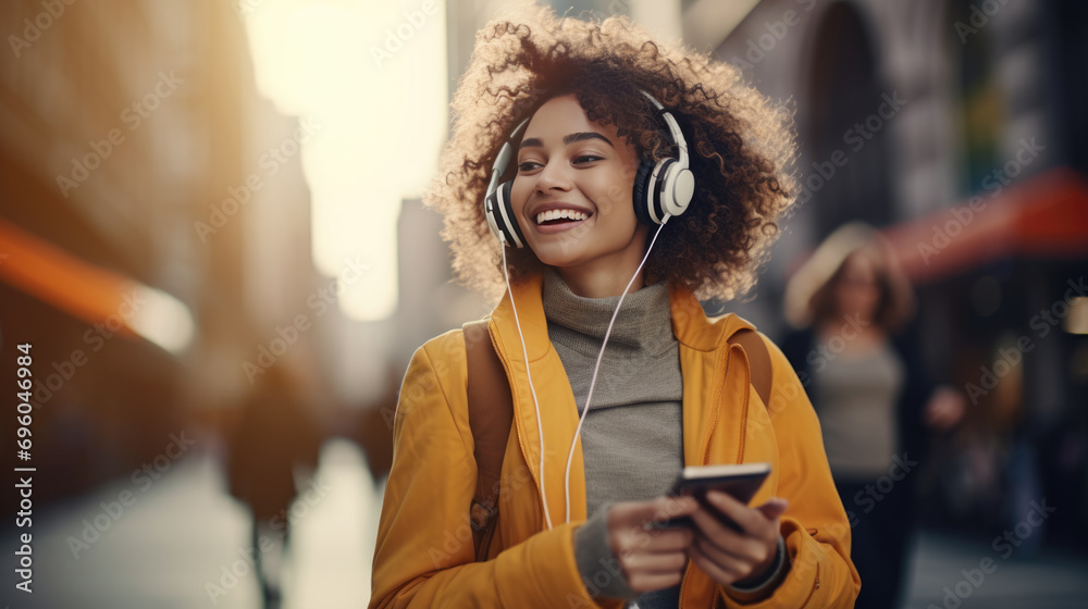 Young woman with curly hair smiling while looking at her phone and listening to music with headphones in an urban outdoor setting.