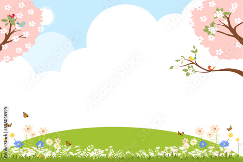 Spring landscape with cherry flower,tree on White cloud,blue sky background Vector illustration cartoon garden with green grass meadow on hills in park,Cute Easter banner of Nature with flower blossom