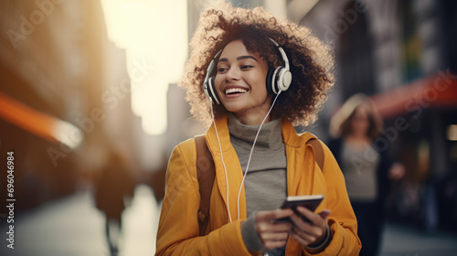 Young woman with curly hair smiling while looking at her phone and listening to music with headphones in an urban outdoor setting. photo