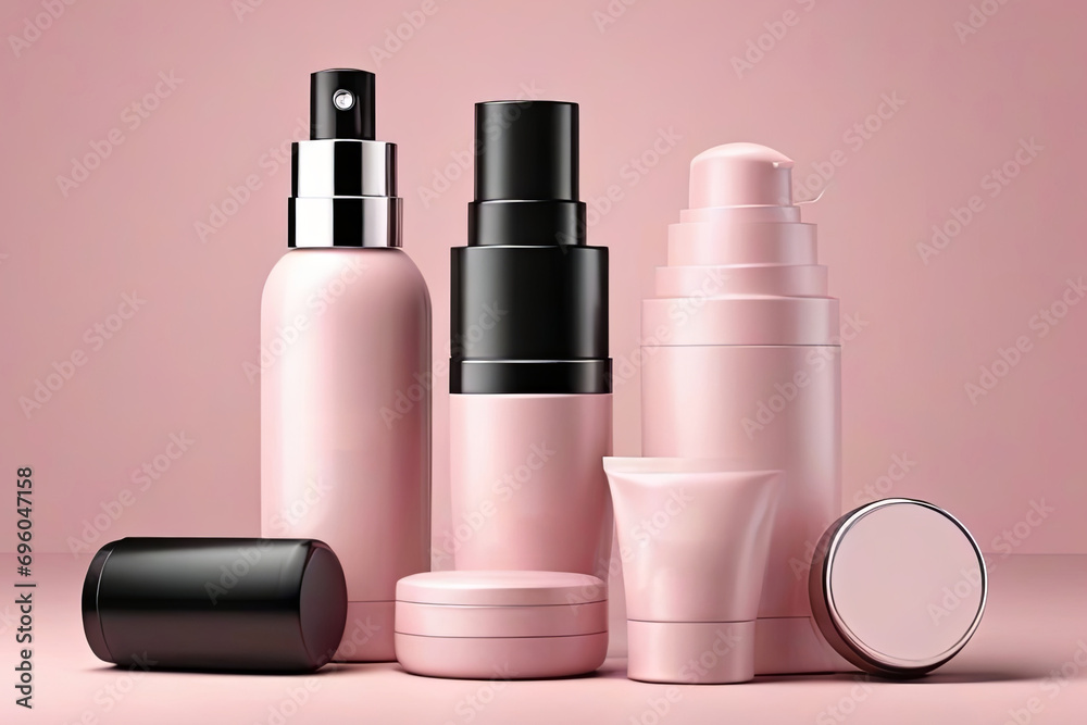 cosmetic mockup set on pink background. Perfect for showcasing beauty products in style.