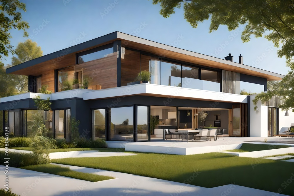 Envision a modern suburban house, elegantly designed with eco-friendly features, including a photovoltaic system seamlessly integrated into the gable roof, reflecting a commitment to sustainable 