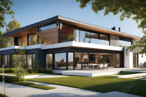 Envision a modern suburban house, elegantly designed with eco-friendly features, including a photovoltaic system seamlessly integrated into the gable roof, reflecting a commitment to sustainable 