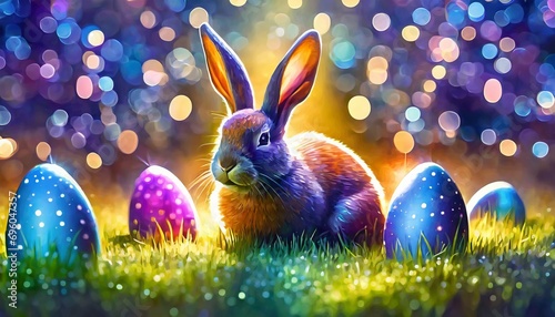 coelho da páscoa com seus ovos de chocolate sobre a grama, fundo colorido fantástico, bokeh photo