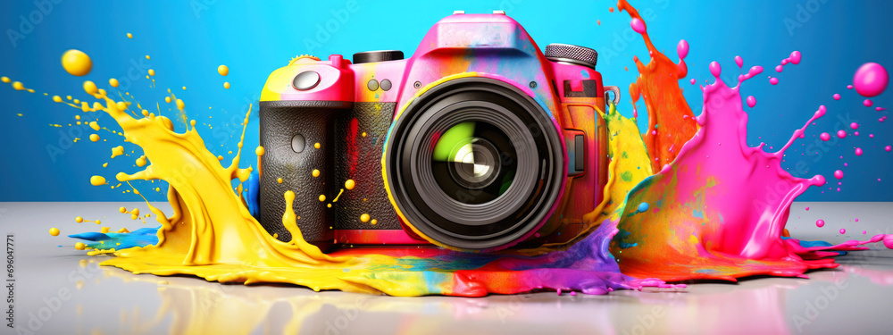 Fototapeta premium Bright professional digital camera in bright paint splatter on blue background