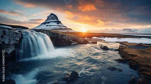 Kirkjufell mountain and kirkjufellsfoss waterfall at sunset are a sight to behold. photo