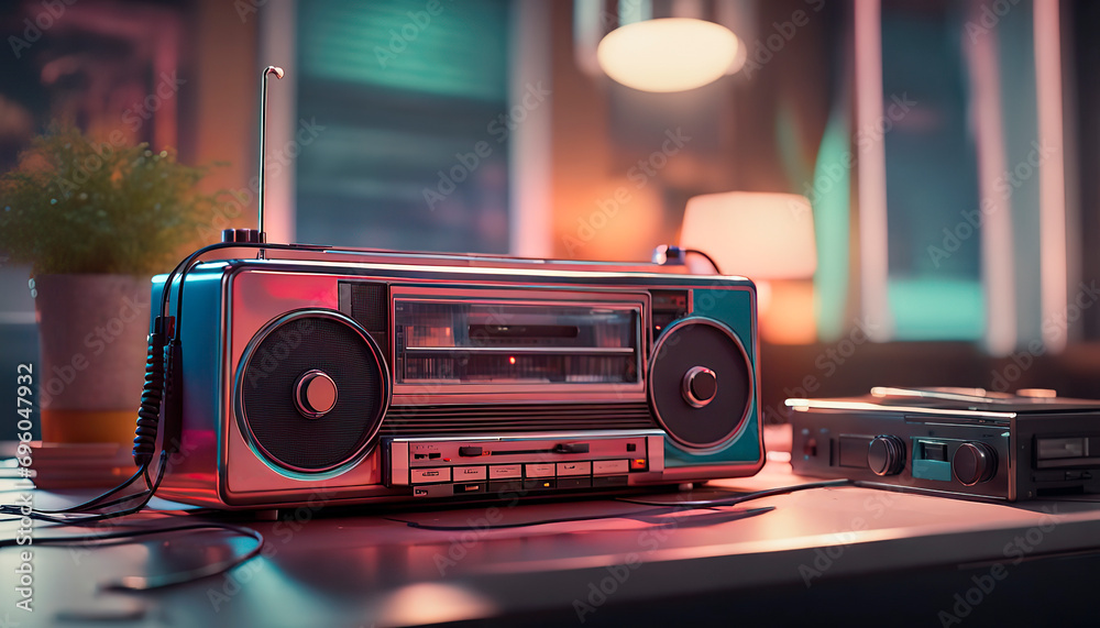 Fototapeta premium Retro cassette recorder in a room with 80s interior. Vintage photo in old style