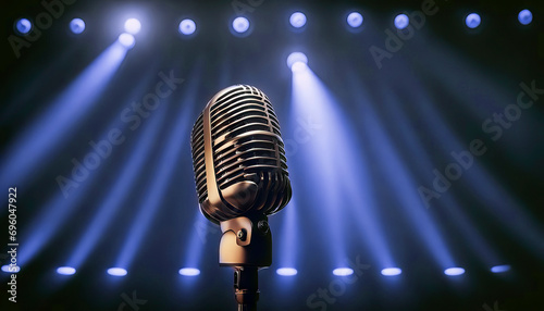 Retro microphone in the style of the 80s, 70s against the background of stage lights. Concept of singing karaoke, performing on stage, freedom of speech