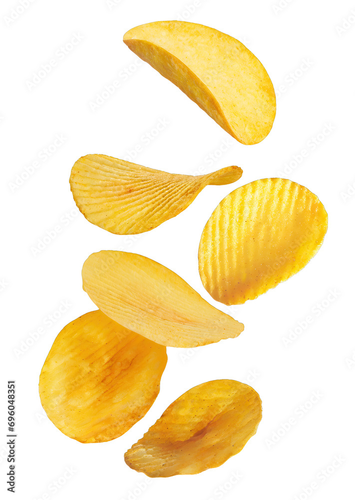 Flying delicious potato chips cut out