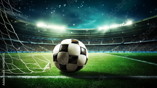 soccer ball on the field, near the goal net