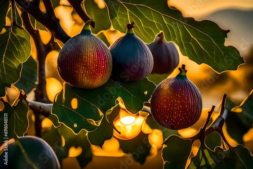 A close up of a fully riped couple of fig hanging on a branch