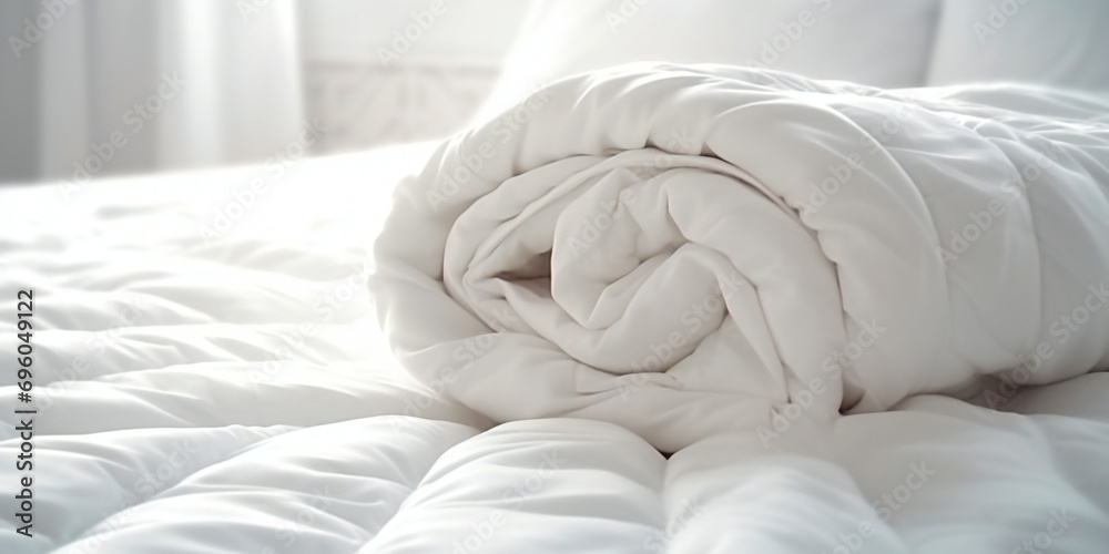 Obraz premium White folded duvet lying on white bed background. Preparing for winter season, household, domestic activities, hotel or home textile