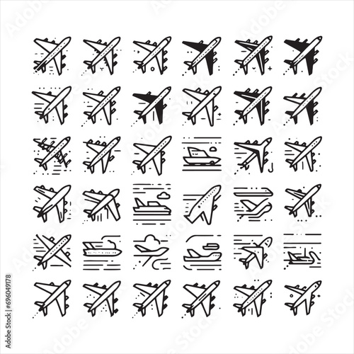 Set of Airplane Icons  Simplified and Elegant Aircraft Symbols  Ideal for Aviation-themed Graphic Projects - Minimallest black vector set of Flying plane icons 