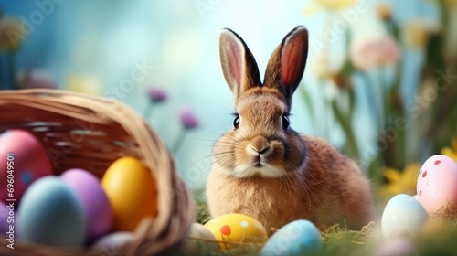 Cute Easter rabbit with decorated eggs and spring flowers on spring landscape. Bunny in in the garden.