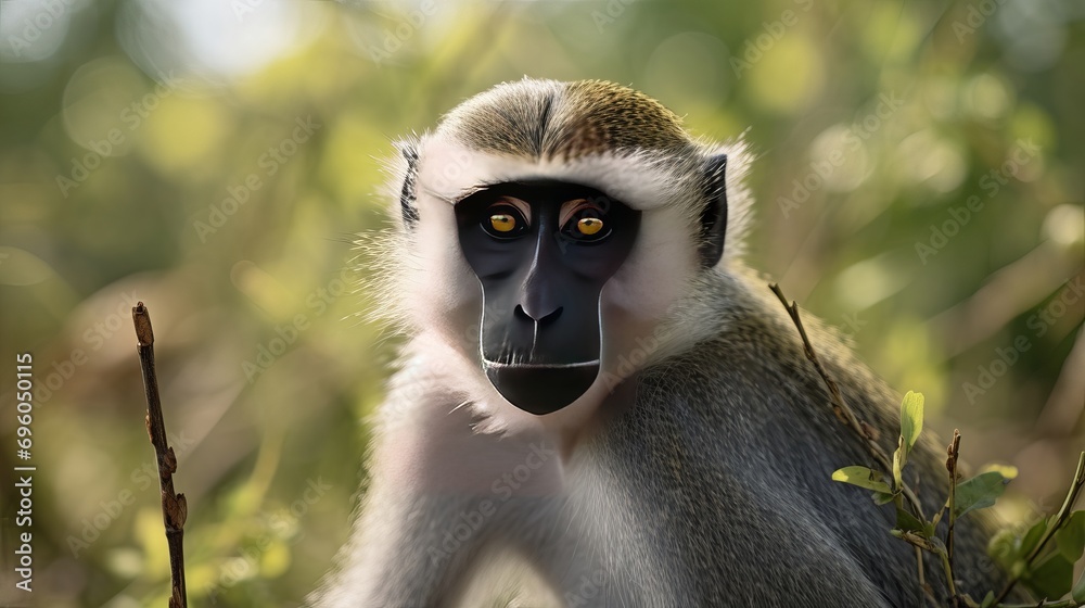 Fototapeta premium The drill monkey mandrillus leucophaeus is taking a break in its natural habitat.