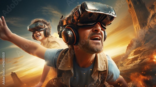 Young person wearing a VR headset. Suitable for concepts related to virtual reality, technology, and gaming