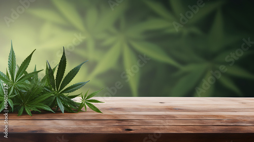Cannabis plant with wooden table - space for hemp oil products - background