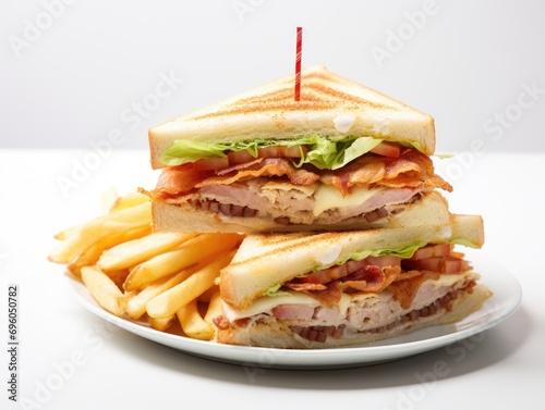 Delicious Classic Club Sandwich with Chicken, Cheese, and Fresh Vegetables on a White Background